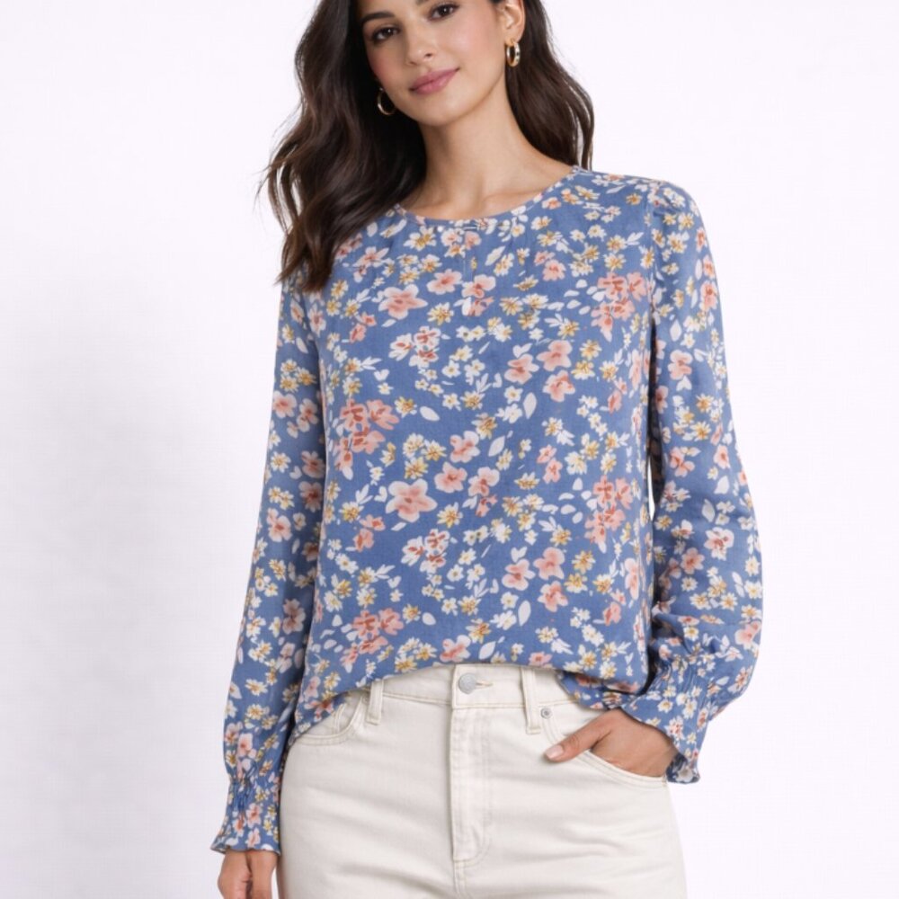 Pleione Long Sleeve Pink and Blue Floral Puff Sleeve Smocked Cuff Blouse